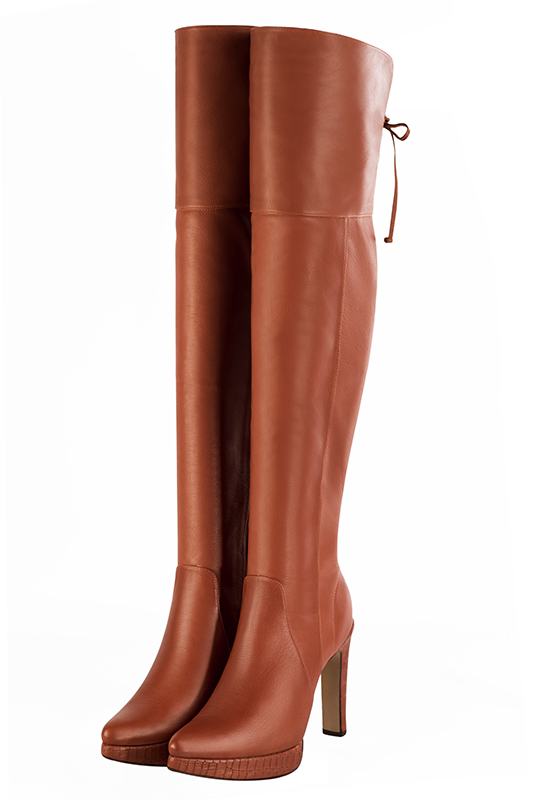 Terracotta orange women's leather thigh-high boots. Tapered toe. Very high slim heel with a platform at the front. Made to measure. Front view - Florence KOOIJMAN